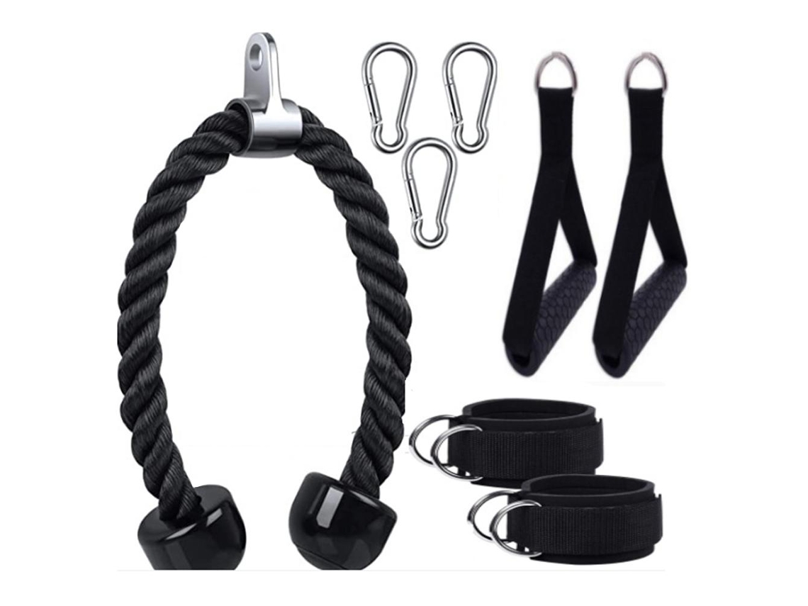 Kit De Corda De Tração Fitness Com 2 Manoplas 3 Mosquetões Para Academia Cabelo Máquina Anexos Preto
