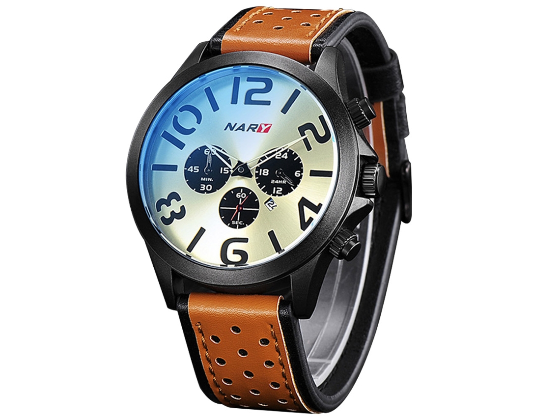 Relógio masculino de quartzo, em liga metálica, com pulseira de couro PU à prova d'água, design de três mostradores (marrom e branco)