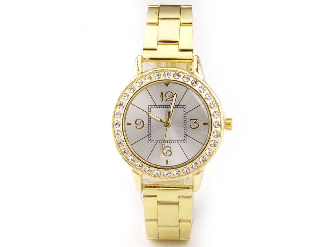 Relógio masculino e feminino elegante com pulseira de aço, mostrador redondo de quartzo (dourado)