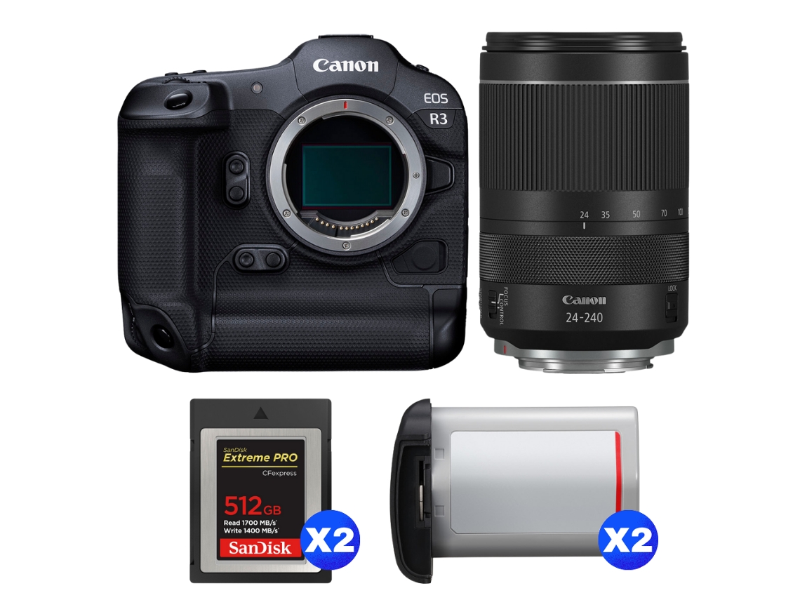 Eos R3 + Rf 24 240mm F/4 6.3 Is Usm + 2 Sandisk 512gb Extreme Pro Cfexpress Type B + 2 Canon Lp e19 + Ebook Pricedirect CANON