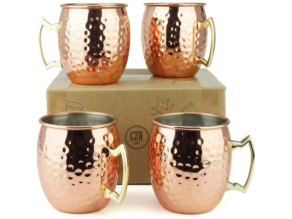 2026 jarras Moscow Mule 19.5 Oz Set 4 Tazas Martilladas Acero Inoxidable Placa Cobre Mango Latón Oro