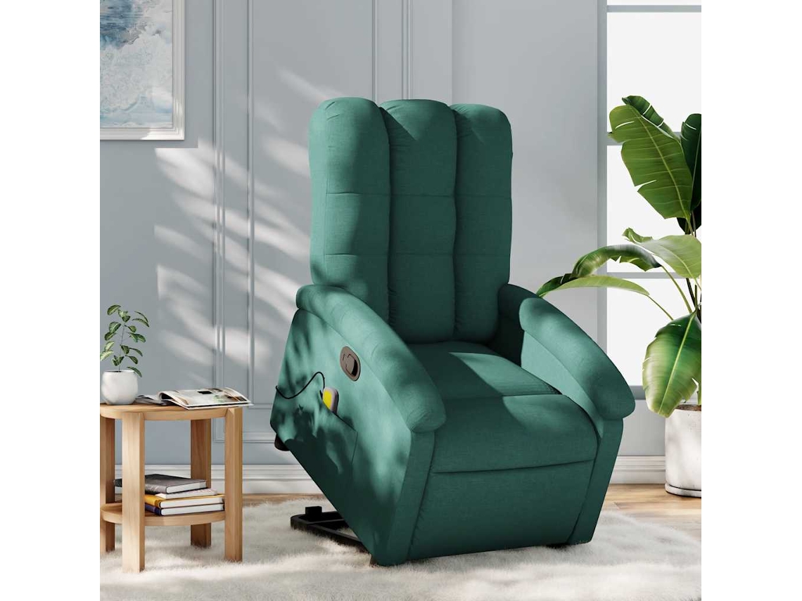 Vidaxl Poltrona Reclinável Elevatória De Massagens Tecido Verde-escuro