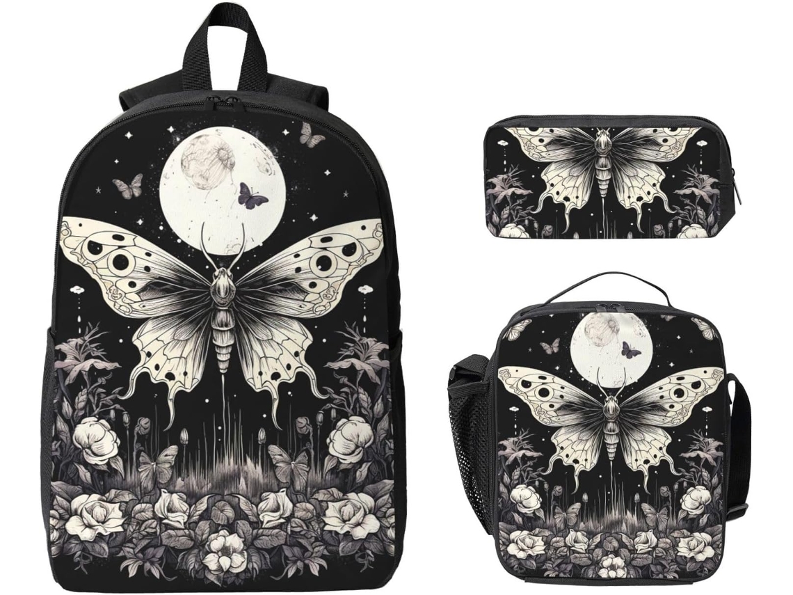 Conjunto 3 Mochilas Góticas Para Meninas Meninos Com Lancheira, Estojo, Mochila Escolar E Lancheira Térmica.
