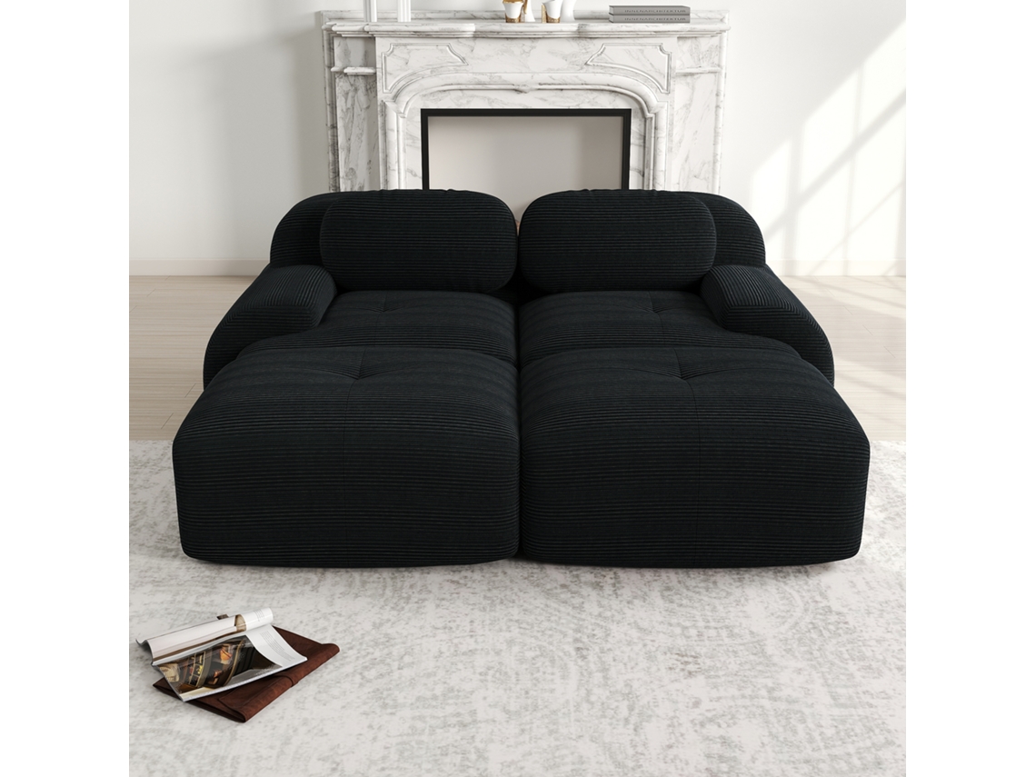 Sofá 2l Preto Veludo Cotelê Sem Moldura Modular com Chaise Ge