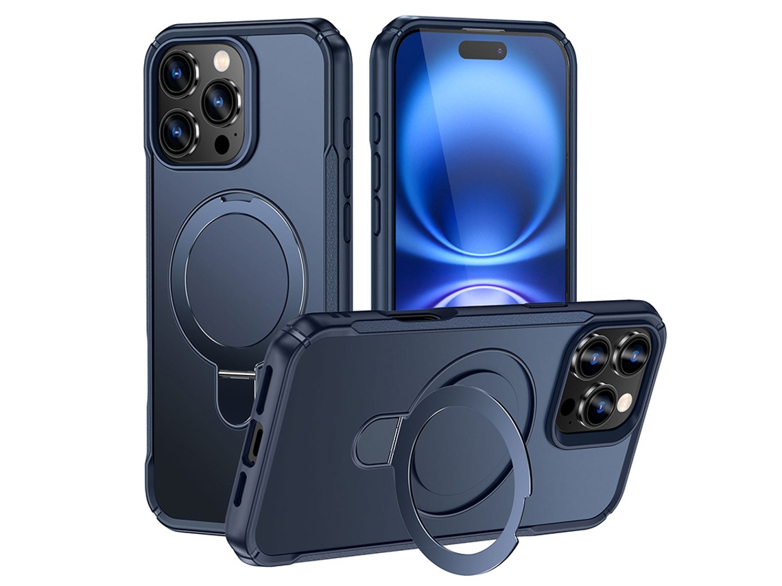 Capa Iphone 15 Pro Max Magnética Temperada, Compatível Magsafe, Suporte Invisível E Anel, Proteção Militar - Azul Real