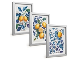 Composição De Quadros Limões, Galhos, Folhas Azuis Espelharte (3 Peças 20x30 Cm)