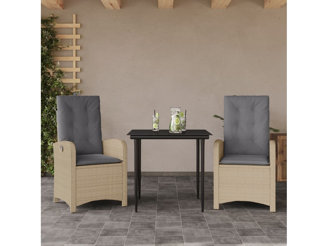 Vidaxl 3 Pcs Conj. Jantar Jardim C/ Almofadões Vime Pe Bege Misturado