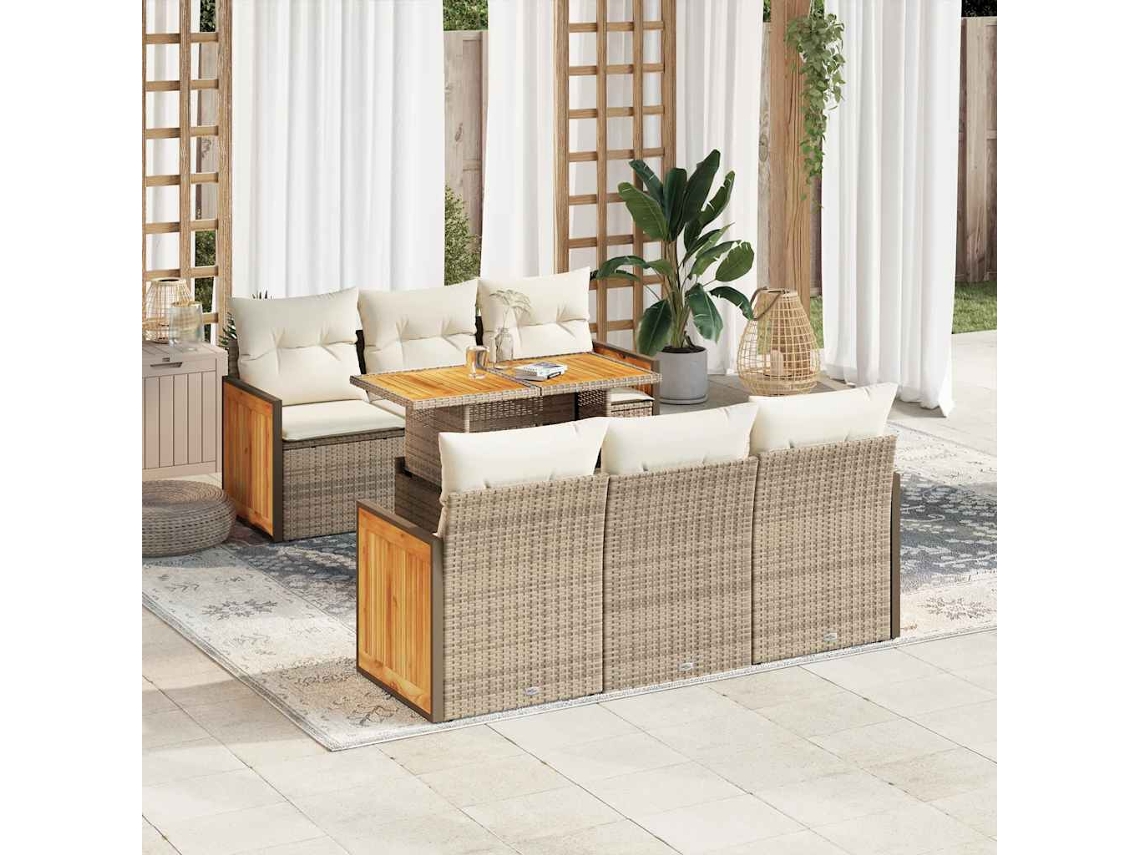 Vidaxl 7 Pcs Conjunto Sofás Jardim Com Almofadões Vime Pe/acácia Bege