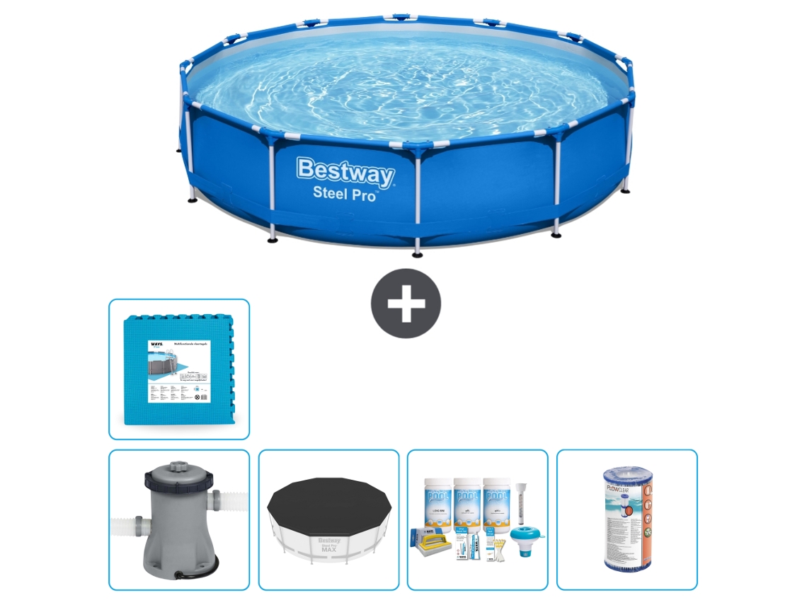 Piscina BESTWAY Round Steel Pro 366 X 76 Cm Azul Incluindo Bomba Cobrir Pacote de Manutenção Filtro Ladrilhos