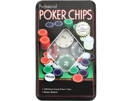 Jogo de pôquer 100 fichas numeradas com caixa de fichas do dealer TEXAS HOLD*EM