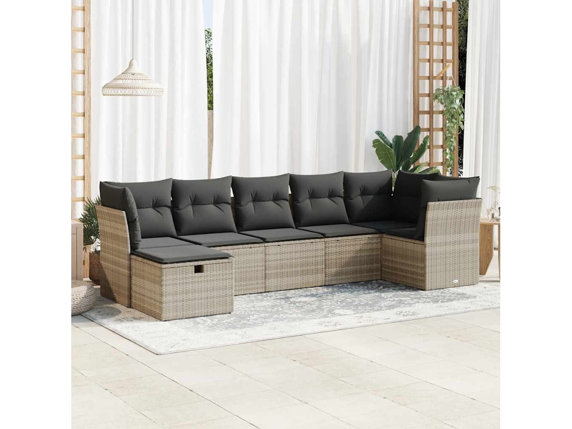 Vidaxl 7 Pcs Conj. Sofás Jardim Com Almofadões Vime Pe Cinzento-claro