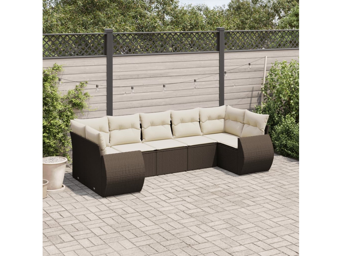 Vidaxl 7 Pcs Conjunto De Sofás Jardim C/ Almofadões Vime Pe Castanho