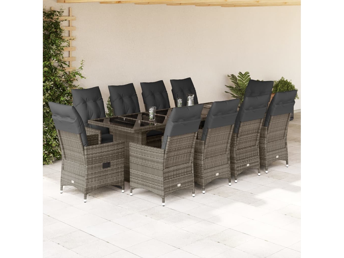 Vidaxl 11 Pcs Conjunto Bistrô De Jardim C/ Almofadões Vime Pe Cinzento