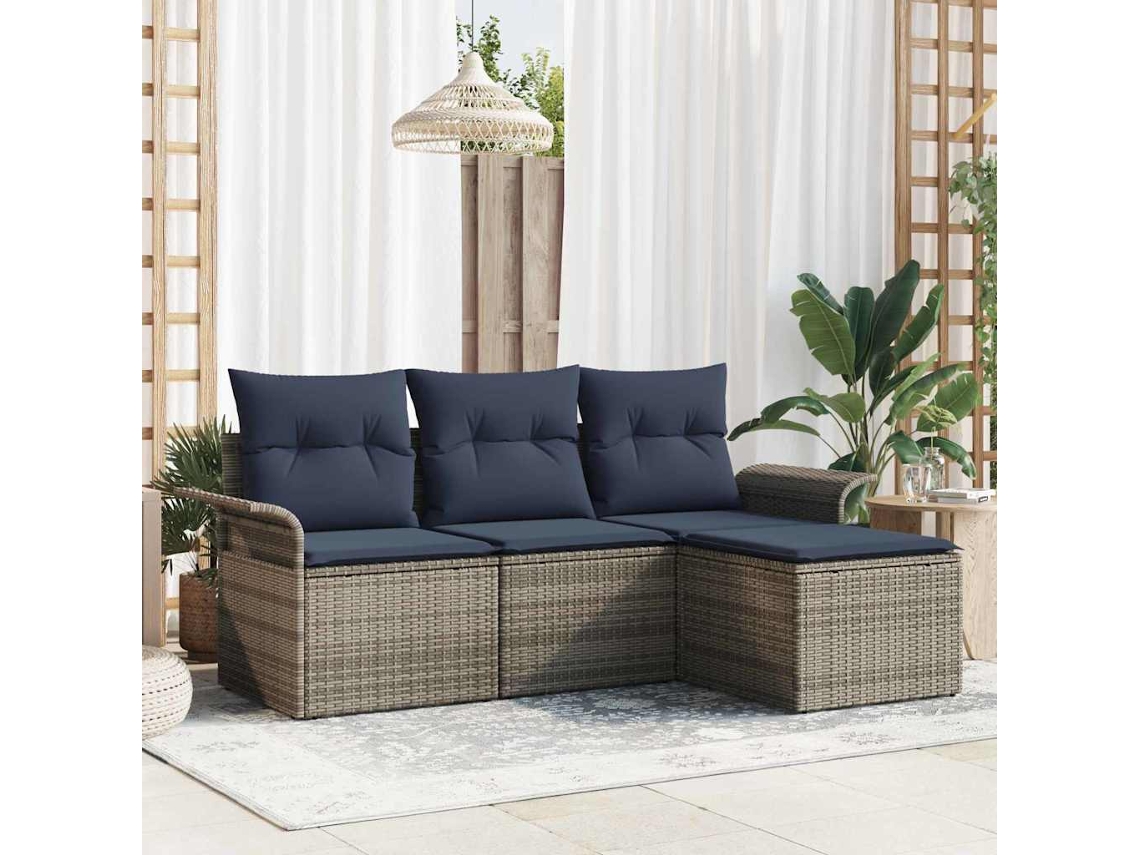 Vidaxl Conjunto De Sofá De Jardim Com Almofada 4 Pcs Cinzeto Vime Pe