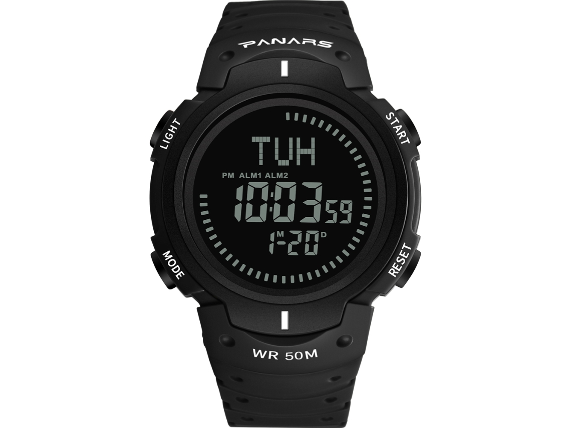 Relógio esportivo digital multifuncional luminoso Panars masculino, preto, à prova d'água