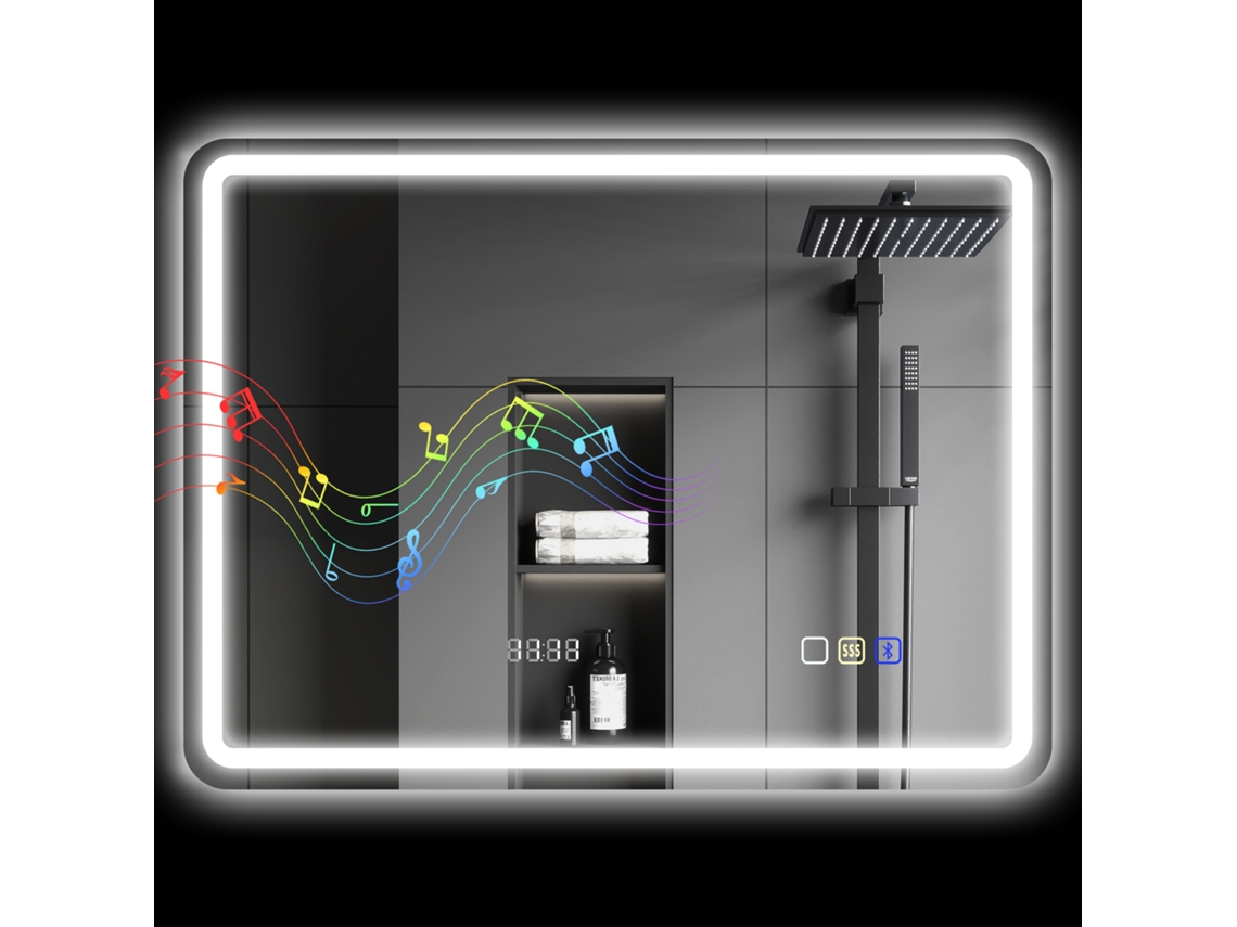Espelho De Casa De Banho Com Luz Led 80x60 Cm Bluetooth 3 Cores De Luz Relógio Digital Função Antiembaciamento Memória Prata