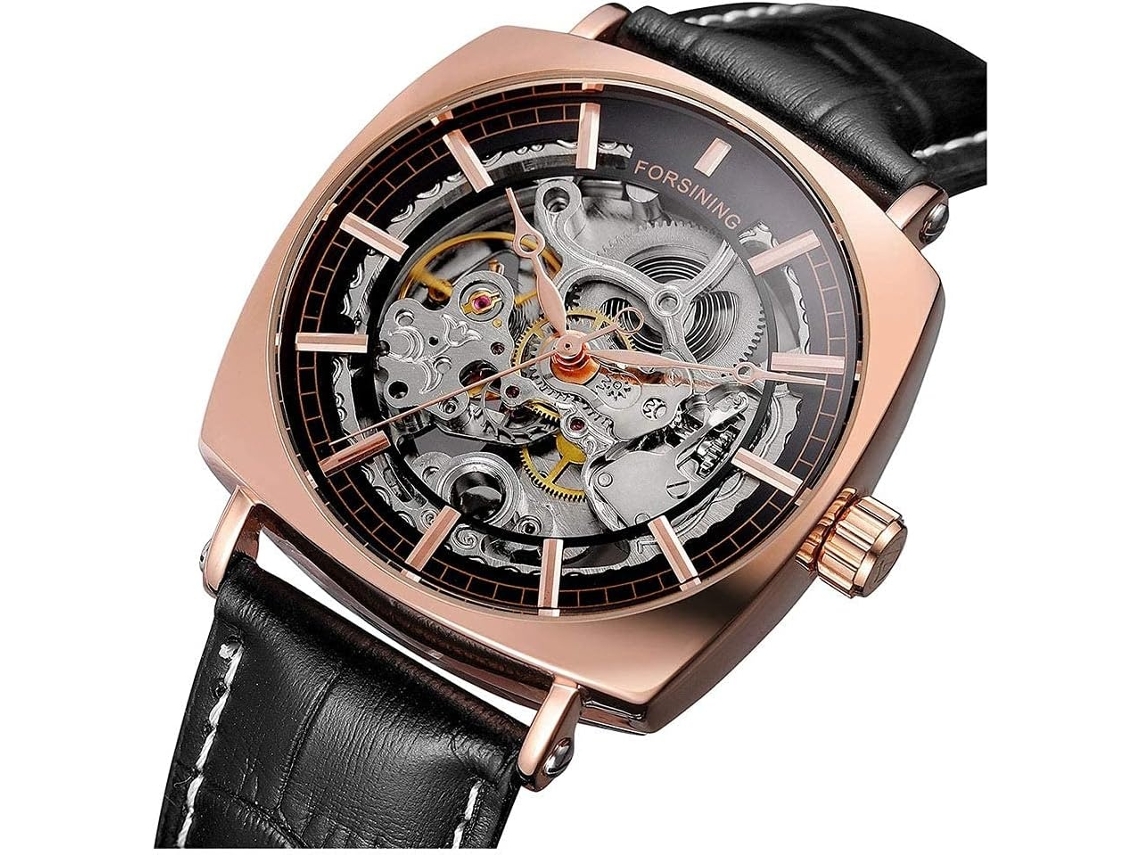 Lurelia Relógio Mecânico Masculino, Automático, Mostrador Esqueleto, Aço Inoxidável, Couro, Resistente À Água, Rosa Ouro, Preto