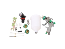 Kit de pistola de pintura HVLP de 600ml com alimentação por gravidade ajustável para uso automotivo e artesanal.