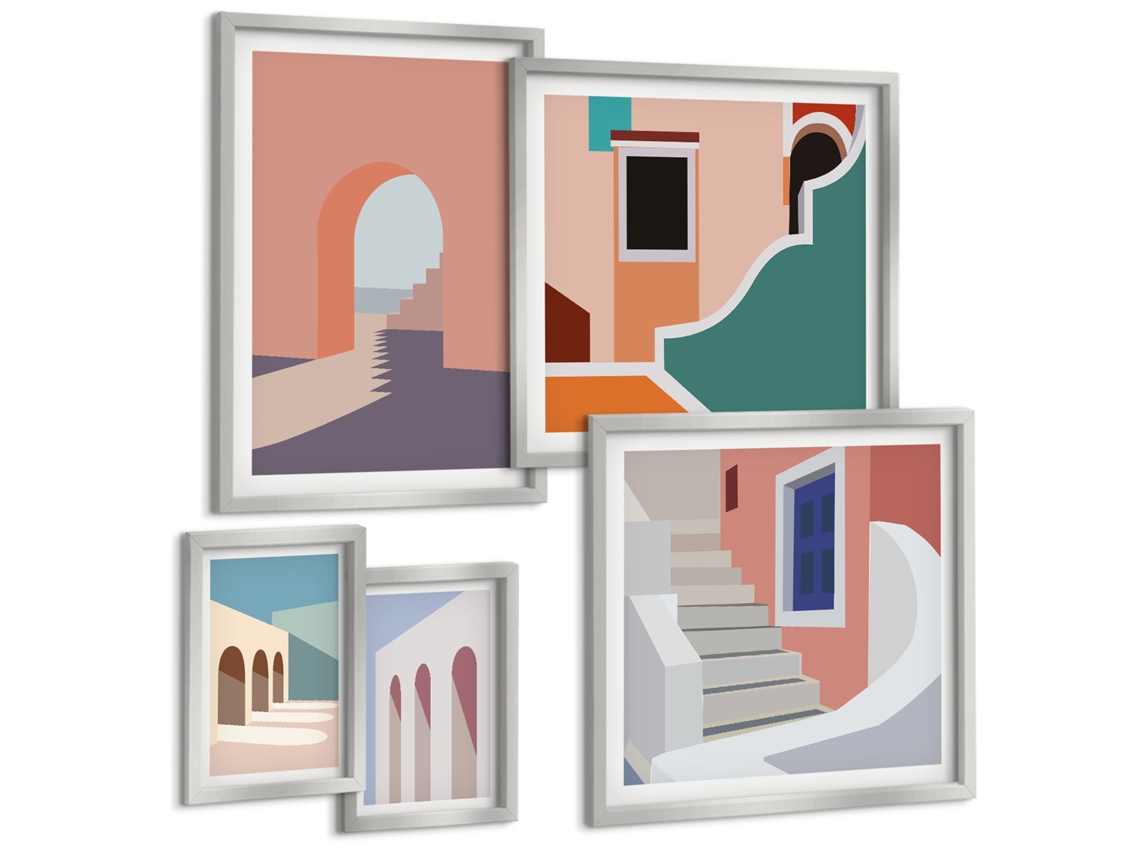 Pinturas Murais Modernas Folhas Verdes Plantas Tropicais Moldura Prateada Quadros Para A Sala De Estar Espelharte (conjunto De 5 Imagens)