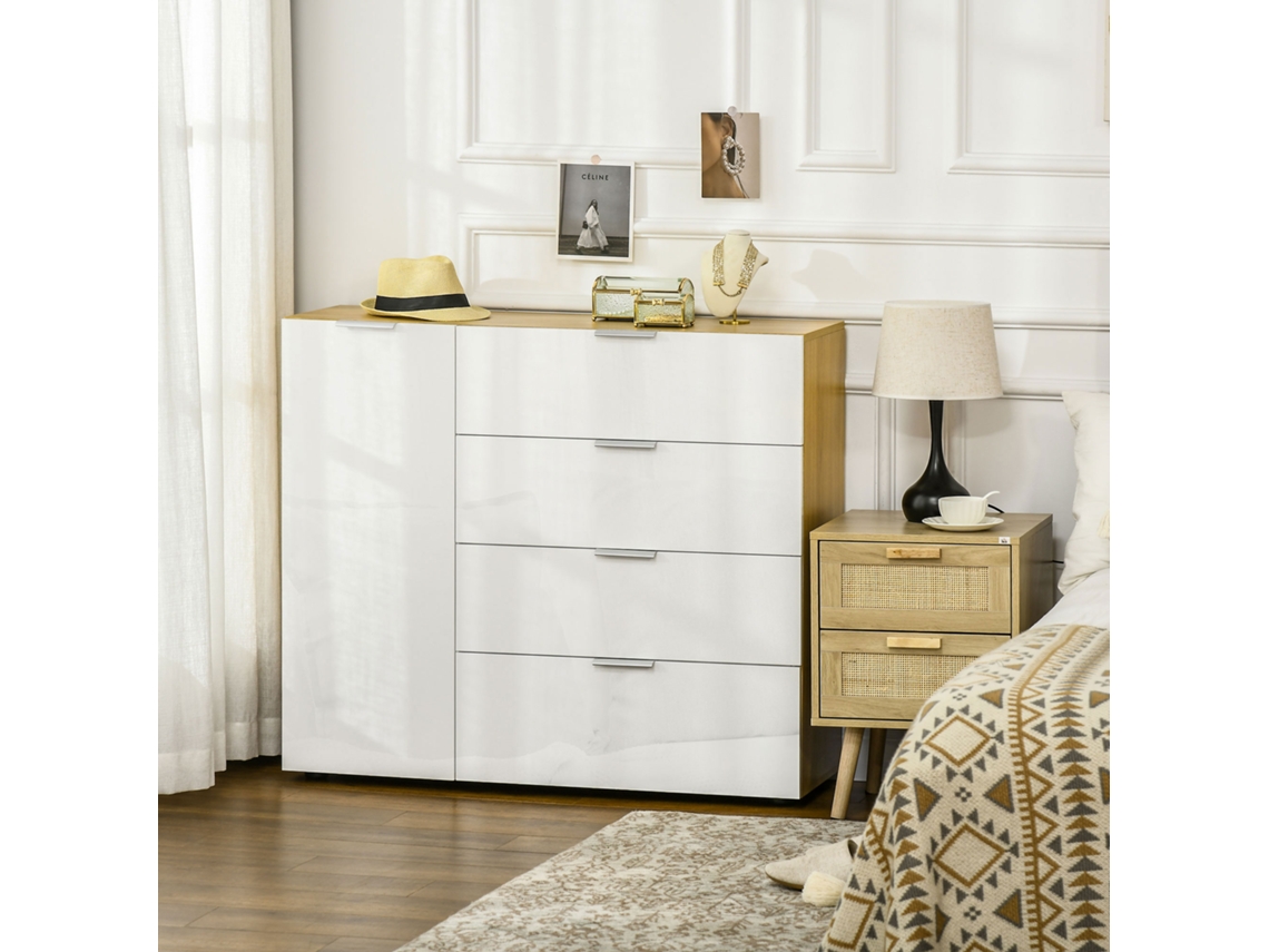 Aparador de sala de estar com 4 gavetas de alto brilho, portas e prateleiras ajustáveis, 105x35x92cm, branco e madeira S/MARCA
