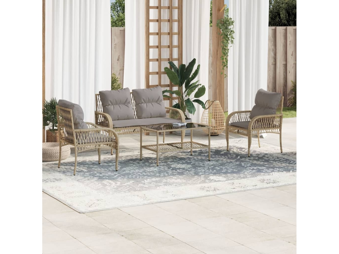 Vidaxl 4 Pcs Conjunto De Sofás Para Jardim C/ Almofadões Vime Pe Bege