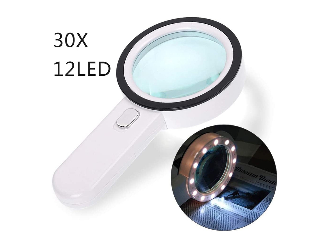 Lupa 30x com Luz Led Lupa de Mão Lente de Vidro Real 3,15 Polegadas para Texto Pequeno Joias Bordados