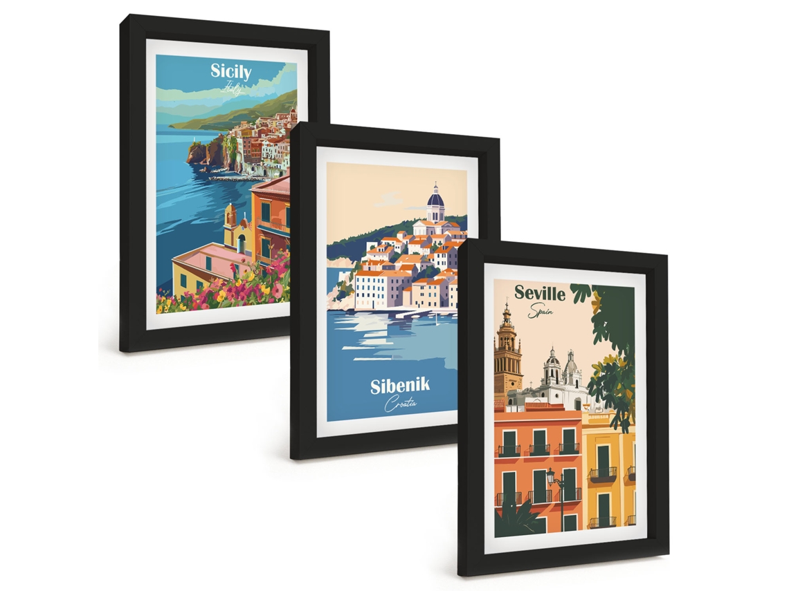 Composição De Quadros Paisagens Urbanas Com Prédios Espelharte (3 Peças 20x30 Cm)