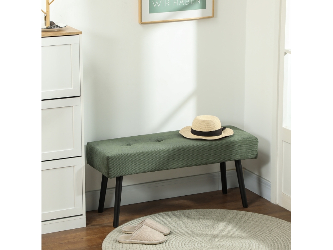 Banco Estofado Tecido Cord, Tuftado, Pés Metálicos, 100x36x45cm Verde, Calçadeira Para Hall E Casa.