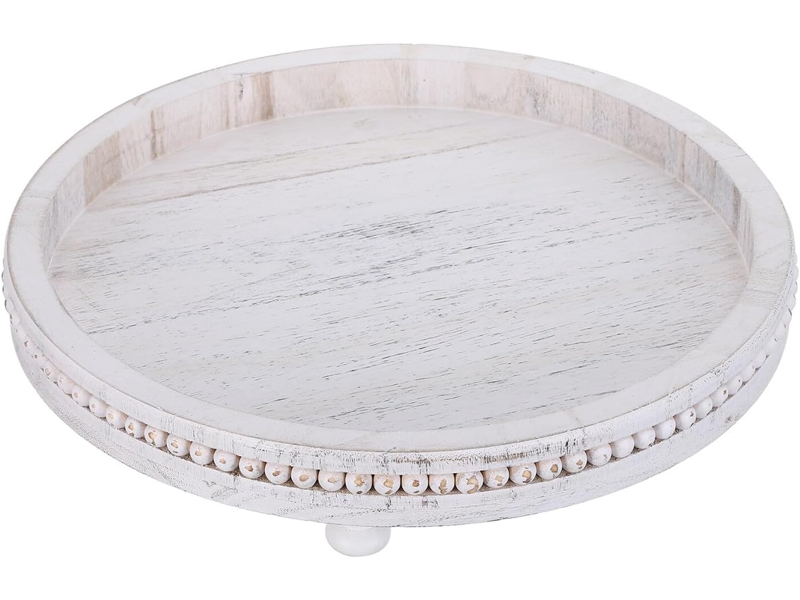 Bandeja Decorativa Redonda Rústica Madeira Branca Design Relevo Organizar Velas Decoração Bancada Cozinha Mesa GOKOCO