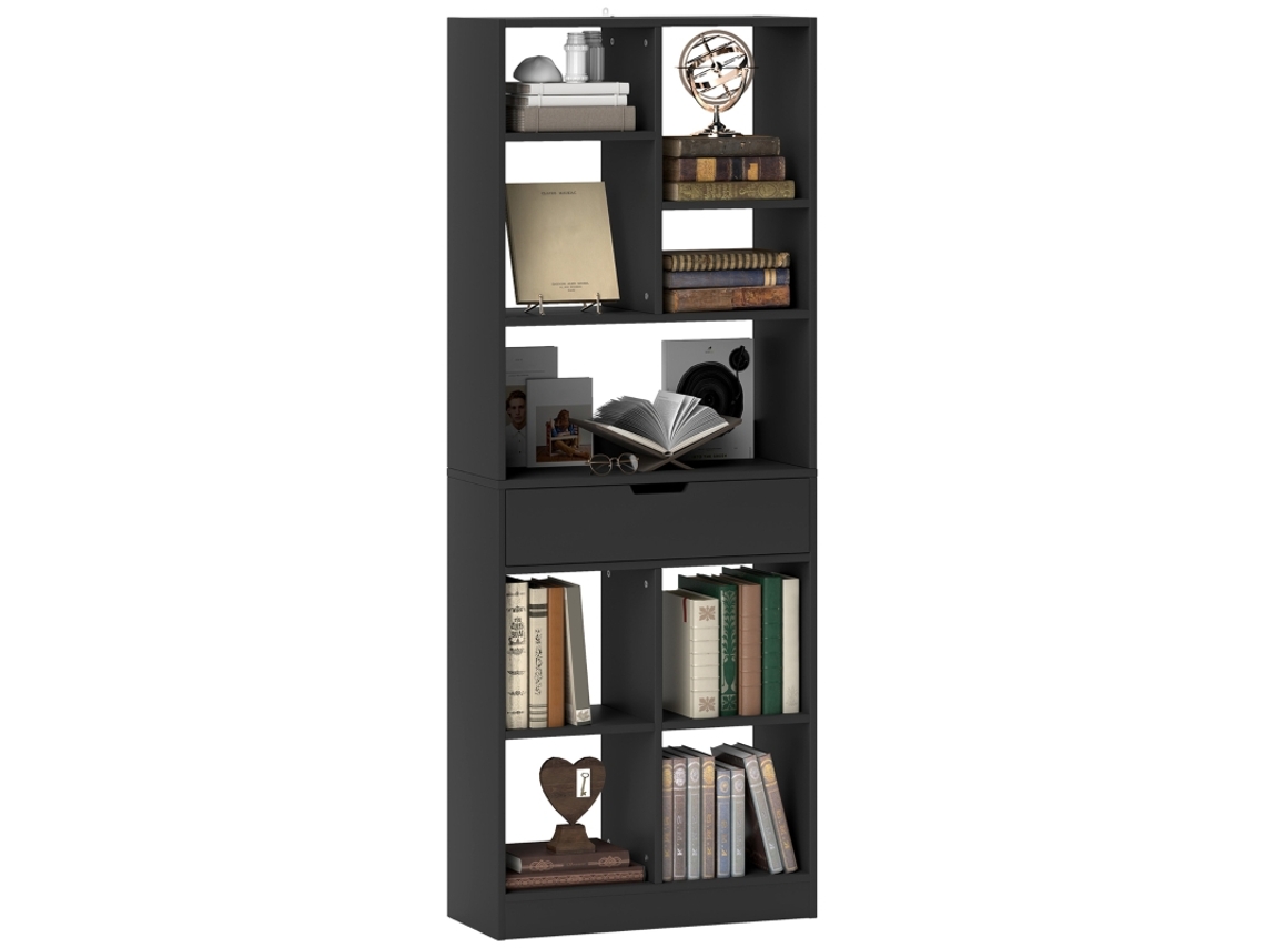 Estante Preta Com Gaveta E Prateleiras Abertas,60 X 26 X 158 Cm,ideal Para Organização E Decoração De Ambientes Modernos.