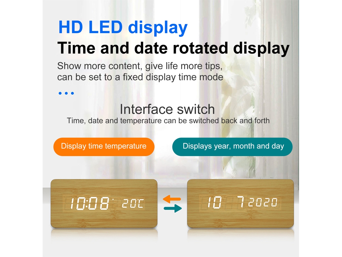 Despertador digital de madeira Baok-reloj com carregamento sem fio, 3 alarmes, visor LED e controle de som para quarto, escritório e presente.