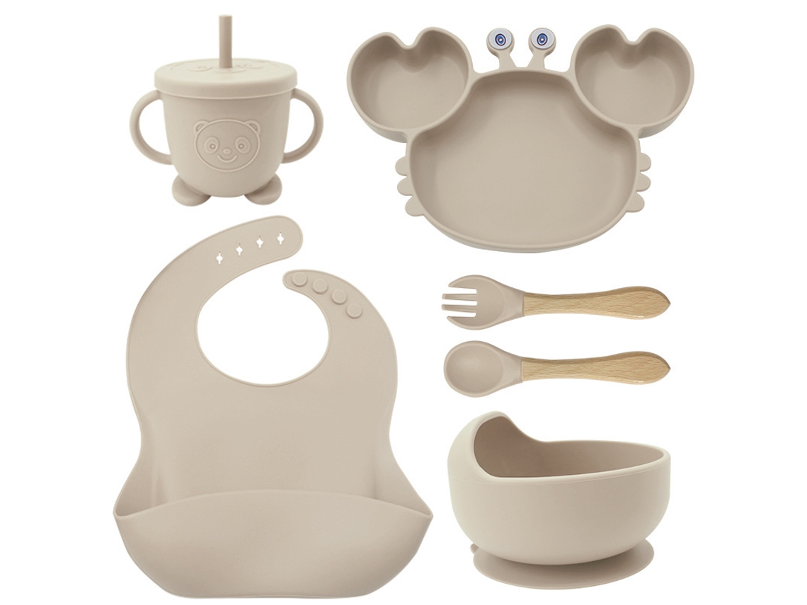 Conjunto 6 Peças Louça De Bebé Em Silicone Bege: Prato Caranguejo, Tigela, Copo, Babete E Talheres, Antiaderente, Bpa-free Para Blw