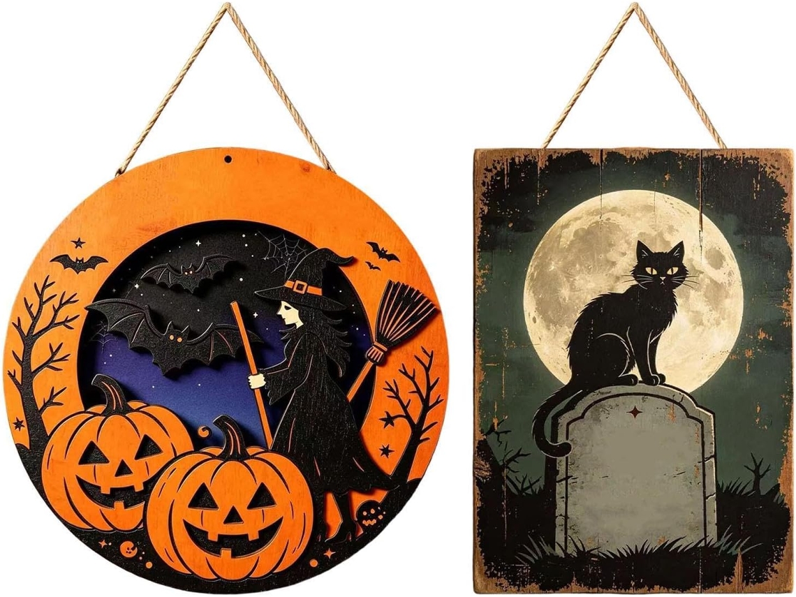 Decoração De Porta De Halloween, Conjunto De 2 Peças, Placa De Madeira ''travessura De Bruxa'' Dourada.