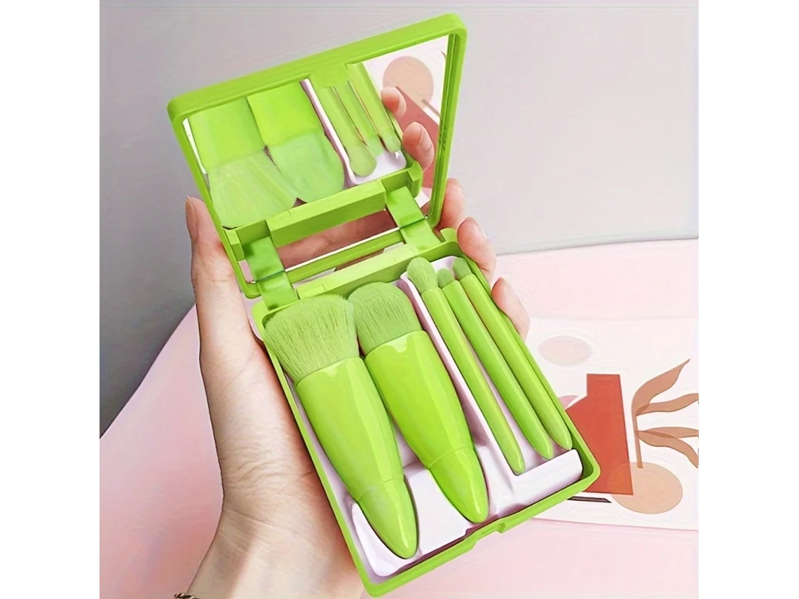 Mini Conjunto de Pincéis de Maquiagem com Espelho, Macios e Fofos, Ferramentas de Maquiagem MDUG (verde)