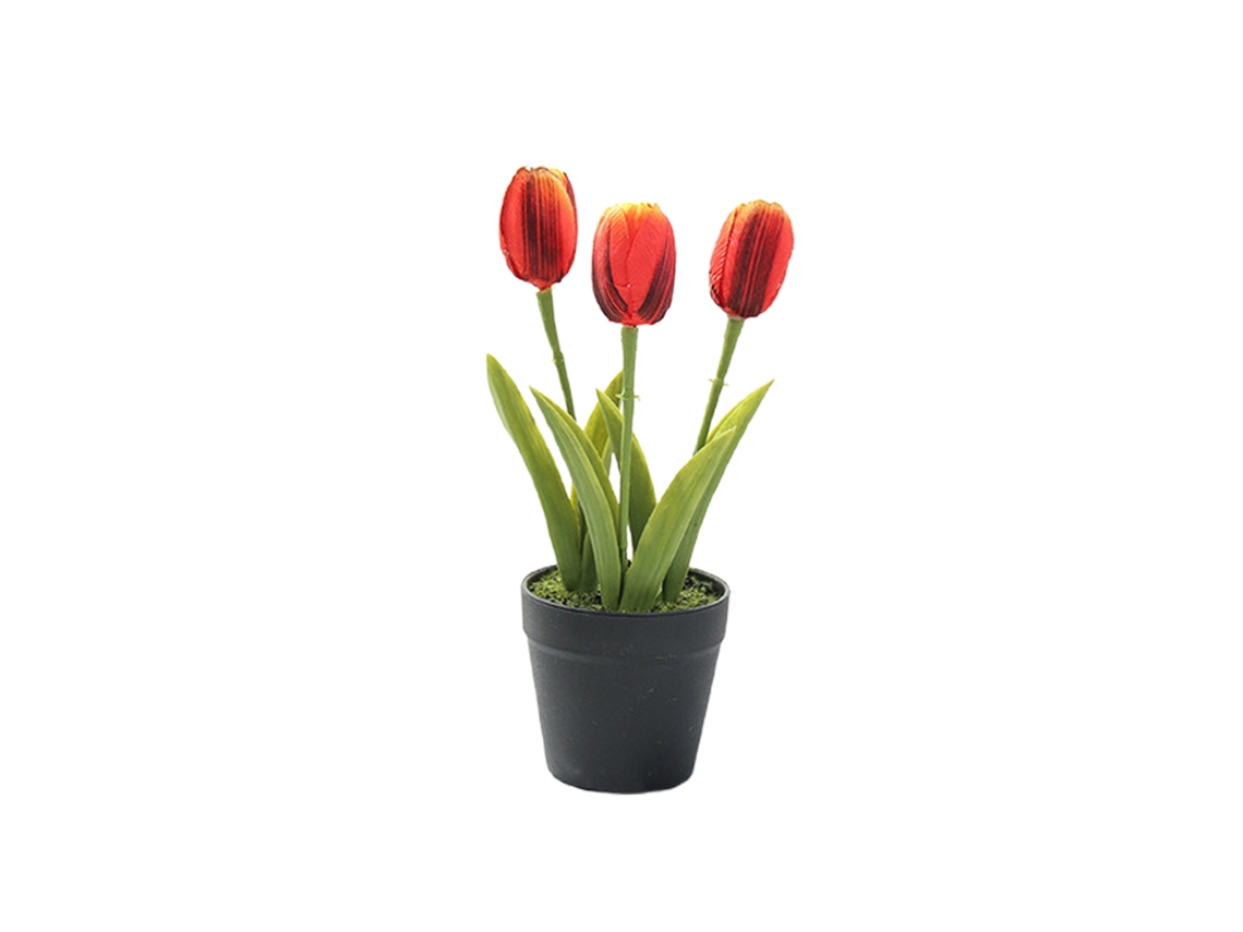 Laxiscreed Flor Artificial Tulipa Vermelha Sunset Com Três Cabeças E Mini Bonsai Em Vaso