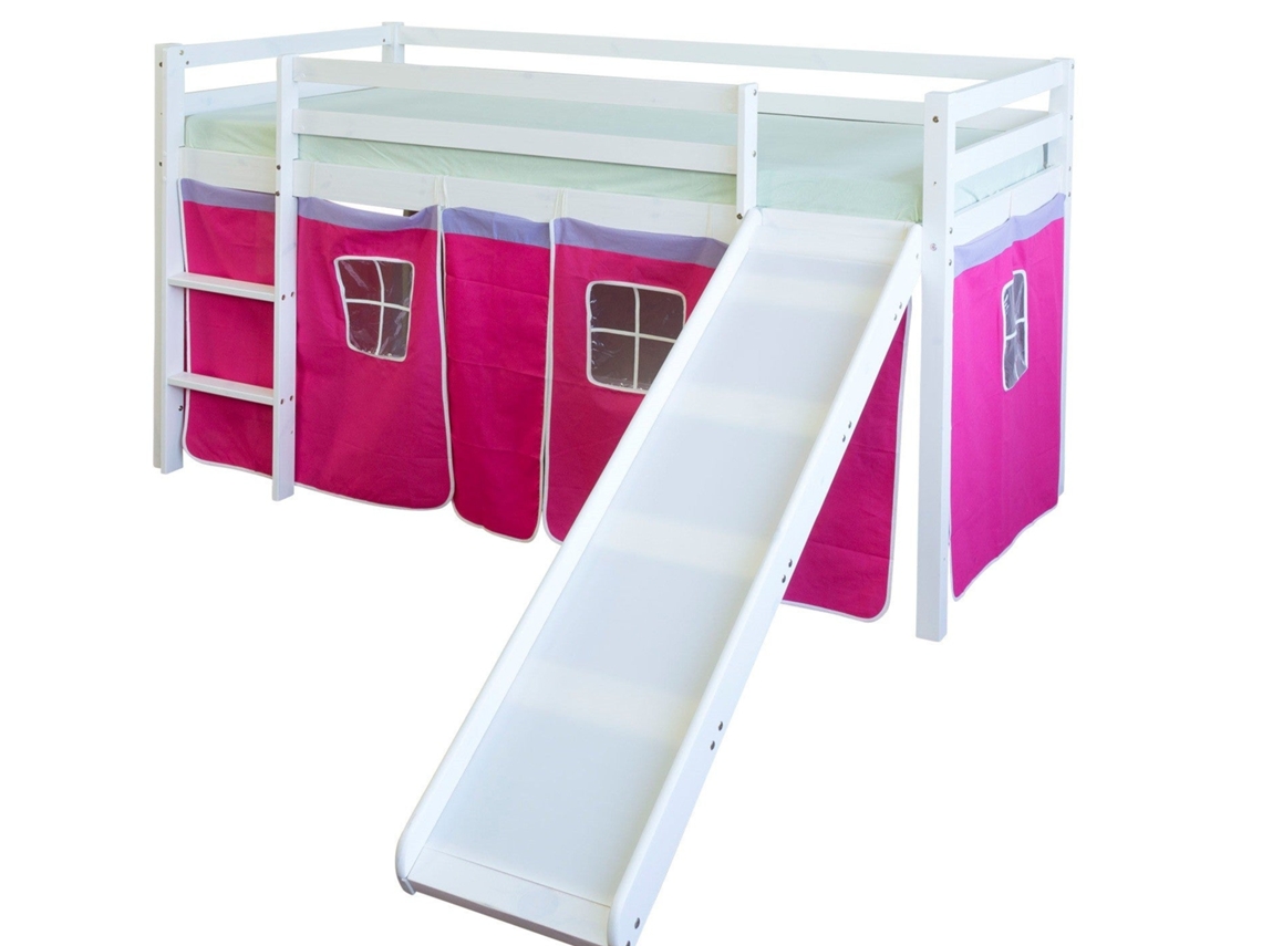 Cama Semi-Alta 90X200Cm para Crianças com Escorrega e Escada em Madeira Branca e Lona Rosa Lit06114 MOBIKASA