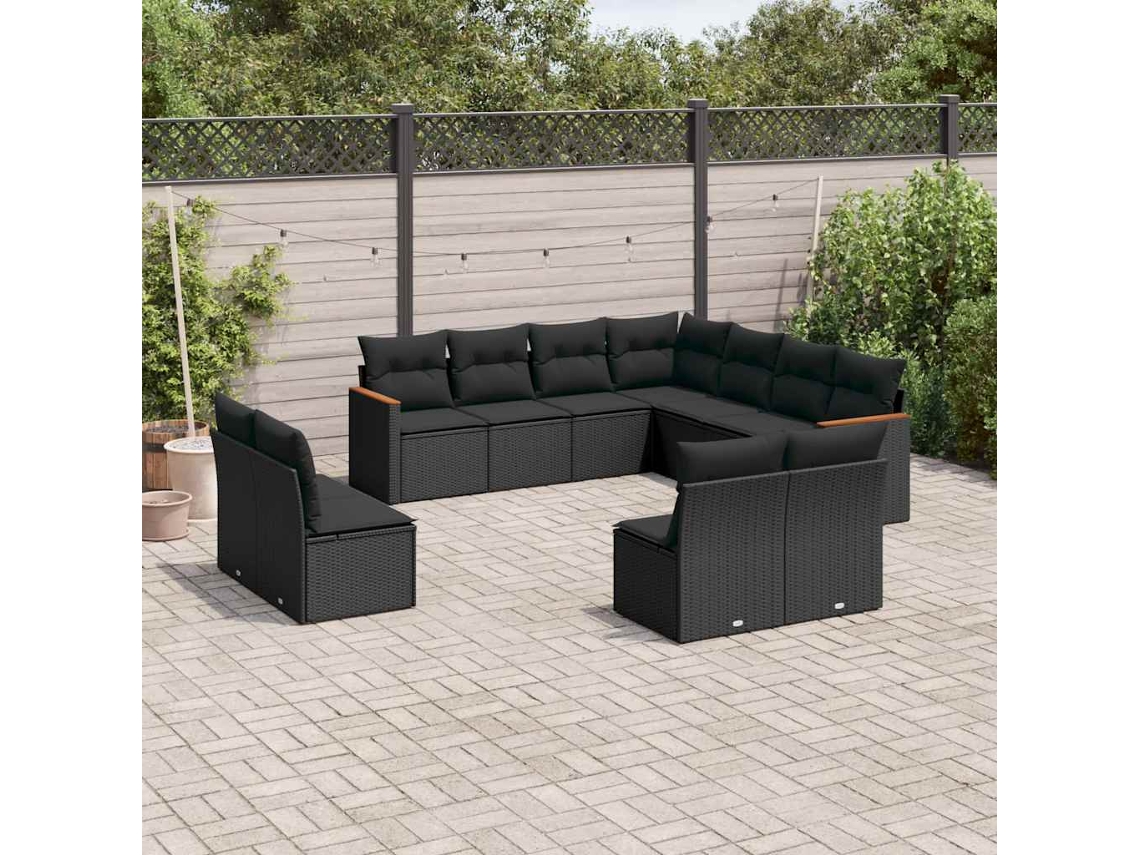 Vidaxl 11 Pcs Conjunto Sofás De Jardim C/ Almofadões Vime Pe Preto