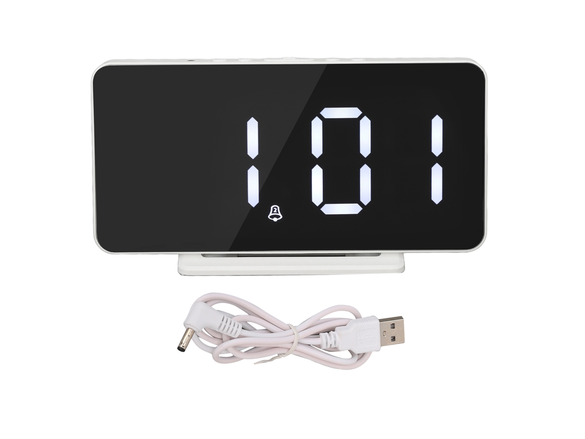 Relógio digital com espelho LED, carregamento USB, alarme, brilho duplo ajustável e cronômetro.