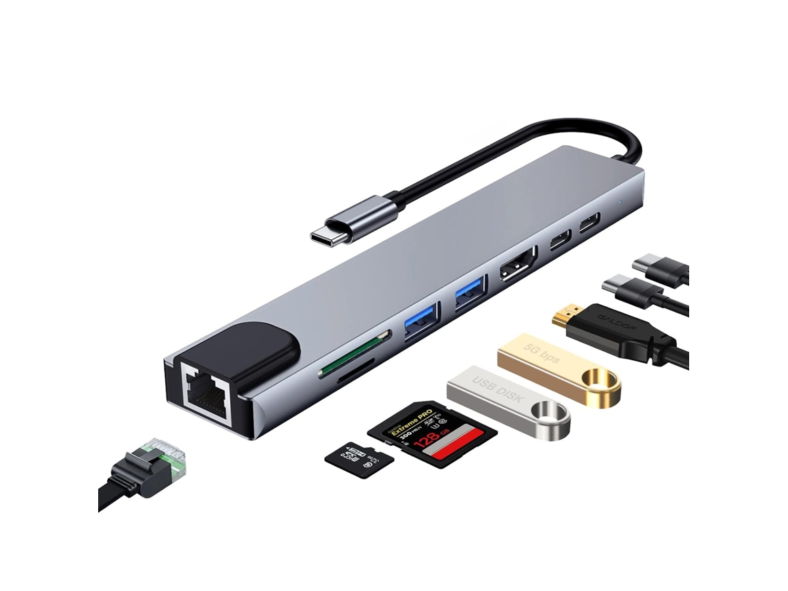 Adaptador Gigabit Usb-c, Compatível Com Hdmi 4k, Pd De 100 W, Porta Usb-c, Usb 3.0, Ethernet Rj45, Leitor De Cartões Sd/tf E Estação De Acoplamento.