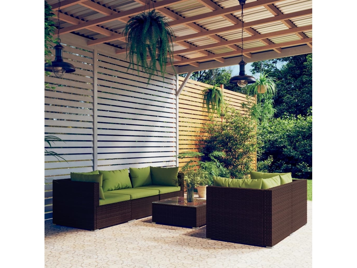Conjunto 6 Peças Lounge Jardim C/ Almofadões Vime Pe Castanho Dkd Home Decor