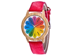 Relógio de Pulso Unissex de Quartzo com Pulseira de Jean e Padrão Arco íris Vermelho