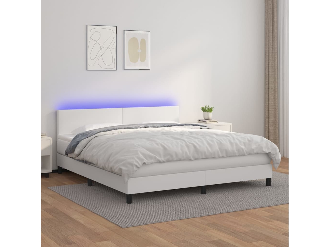 Vidaxl Cama Box Spring C/colchão/led 180x200cm Couro Artificial Branco