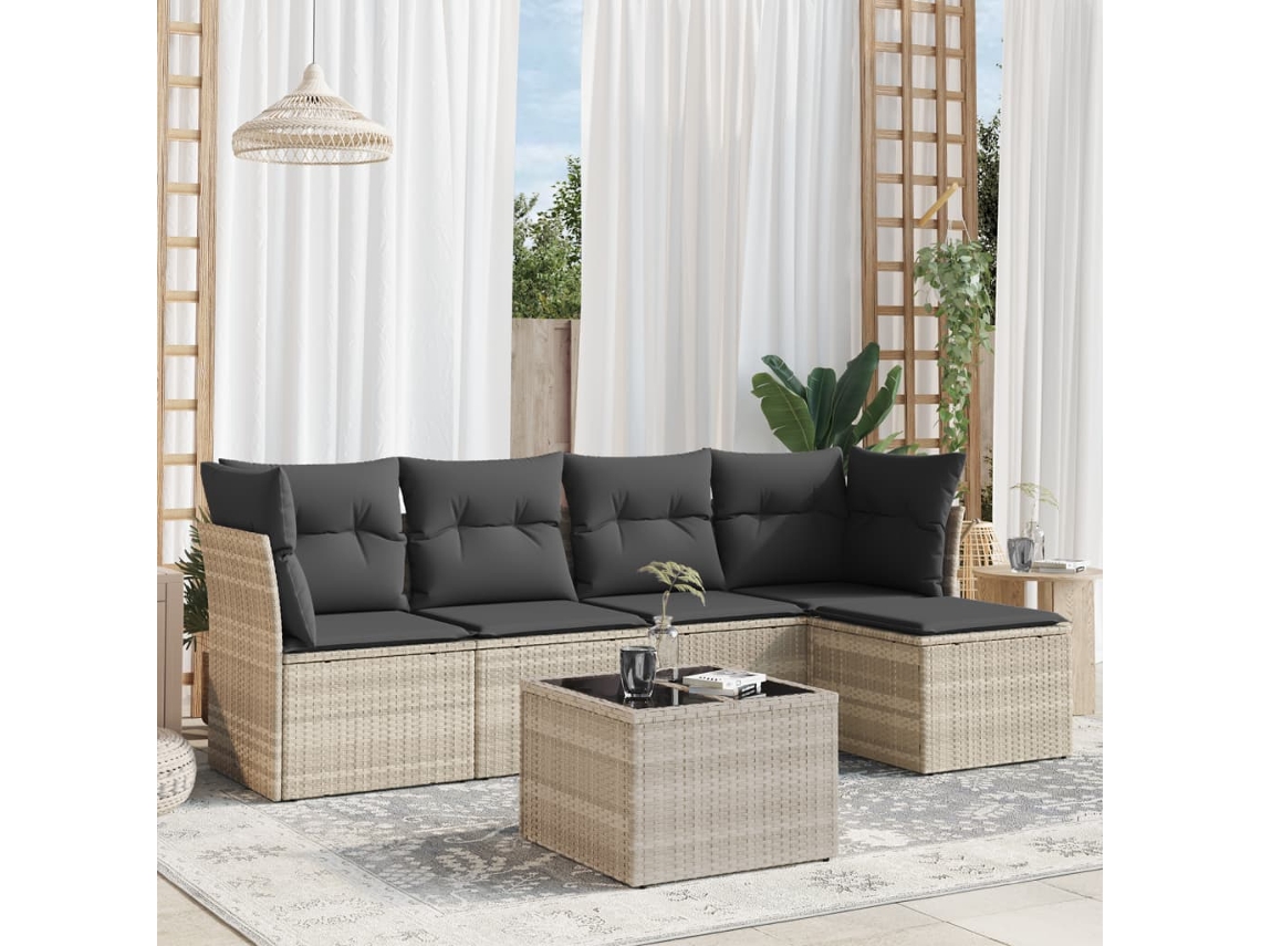 Vidaxl 6 Pcs Conj. Sofás Jardim Com Almofadões Vime Pe Cinzento-claro