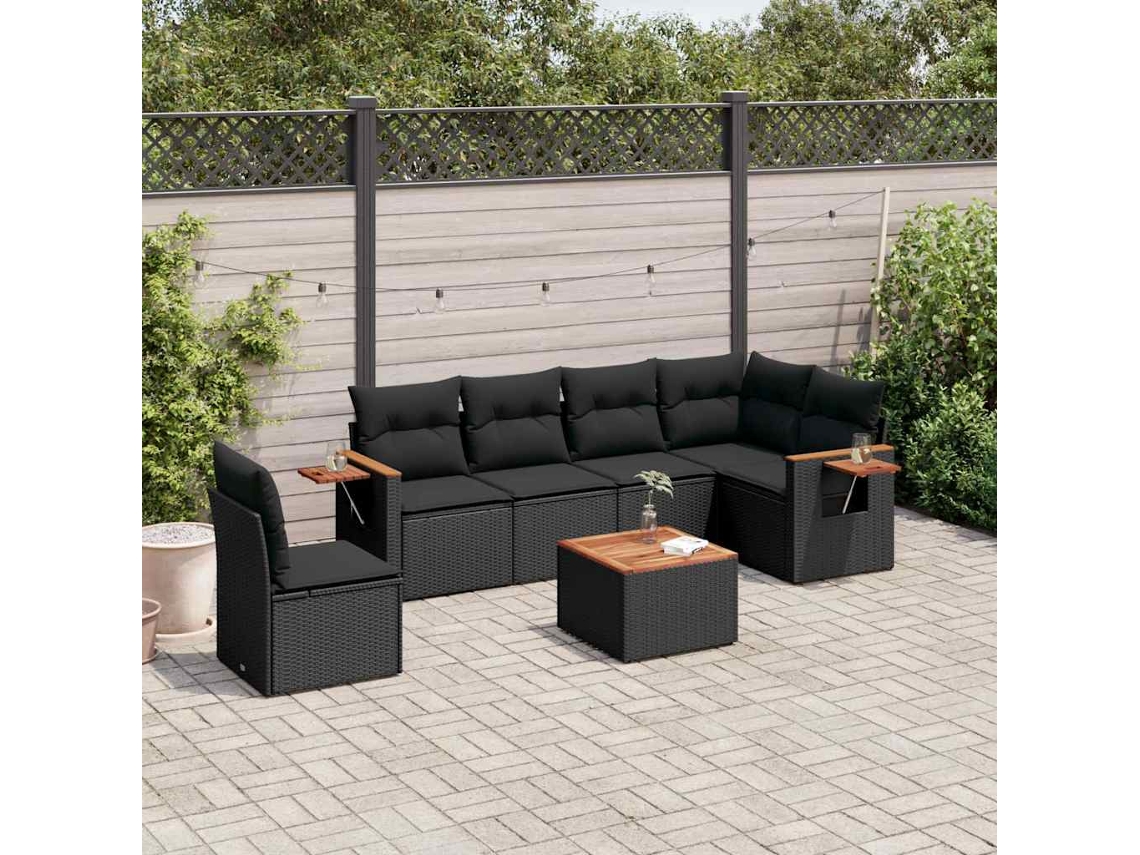 Vidaxl 7 Pcs Conjunto De Sofás P/ Jardim C/ Almofadões Vime Pe Preto
