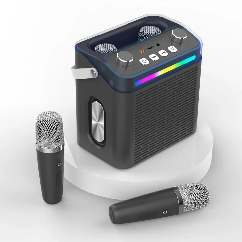 Caixa de Som de Karaokê Luxuosa e Requintada, Equipada com Dois Microfones e Múltiplos Efeitos de Iluminação. MDUG (cinza prateado)