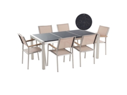 Conjunto De Refeição De Jardim Para 6 Pessoas Beliani Grosseto De Granito, Aço Inoxidável Preto/creme 180x90x70