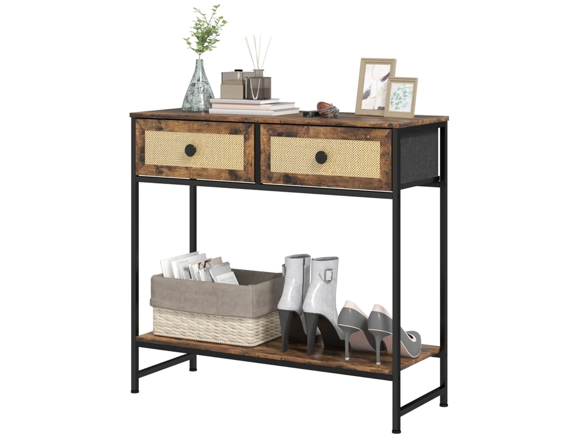 Console com 2 Gavetas de Rattan, 80x30x75 Cm, Marrom Rústico