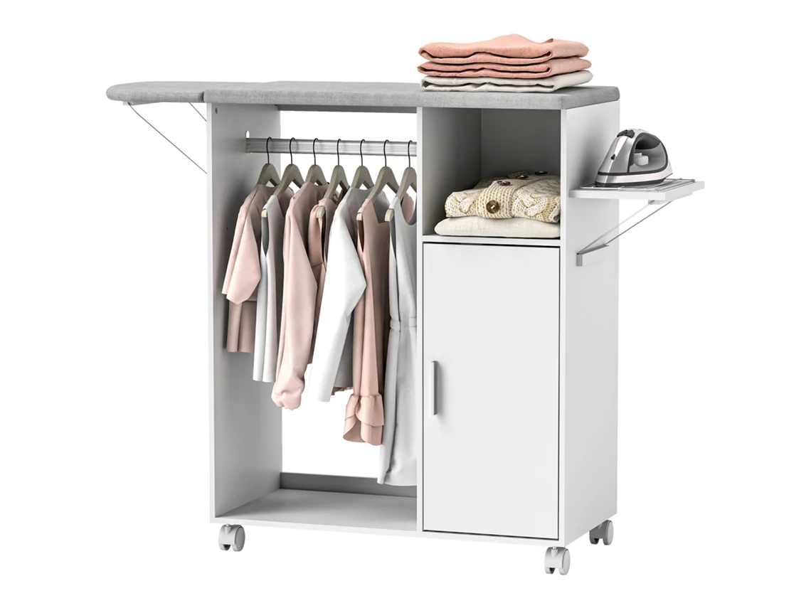 Mesa de Passar Roupa com Rodas,cabideiro,prateleira Aberta e Tábua Dobrável 127x42,5x99cm Branco BTFORUS
