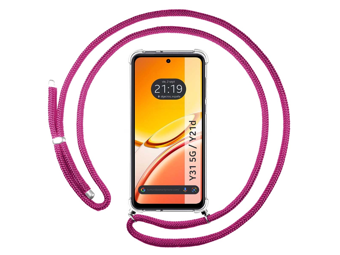 Capa Tumundosmartphone Transparente Para Vivo Y31 5g / Y21d Com Correia Rosa Fúcsia
