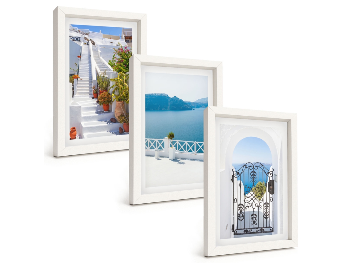 Conjunto De Quadros Com Moldura Escadas Brancas, Plantas, Portão Do Mar Moldura Branca Fotos Para O Escritório Espelharte (3 Peças 20x30 Cm)